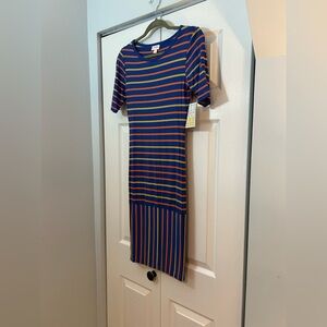 LuLaRoe Julia Dress XXS Blue Orange Yellow Striped Bodycon NWT